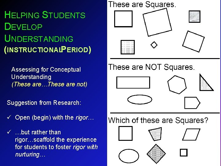 HELPING STUDENTS DEVELOP UNDERSTANDING (INSTRUCTIONALPERIOD) Assessing for Conceptual Understanding (These are…These are not) Suggestion