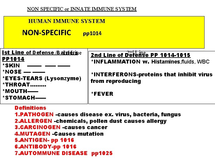 NON SPECIFIC or INNATE IMMUNE SYSTEM HUMAN IMMUNE SYSTEM NON-SPECIFIC Ist Line of Defense