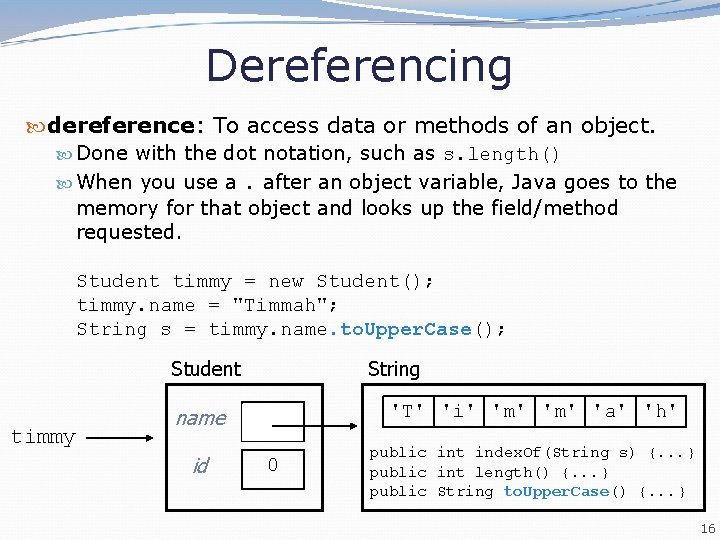 Dereferencing dereference: To access data or methods of an object. Done with the dot Dereferencing dereference: To access data or methods of an object. Done with the dot