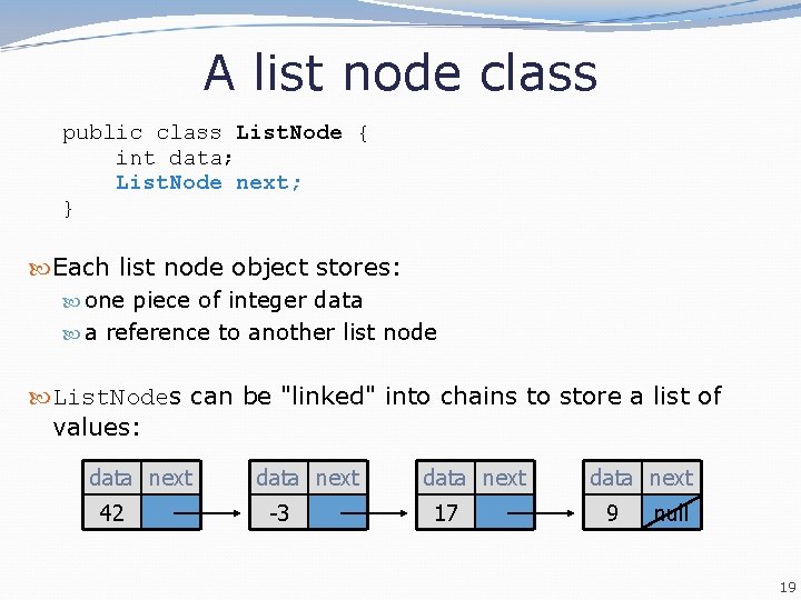 A list node class public class List. Node { int data; List. Node next; A list node class public class List. Node { int data; List. Node next;