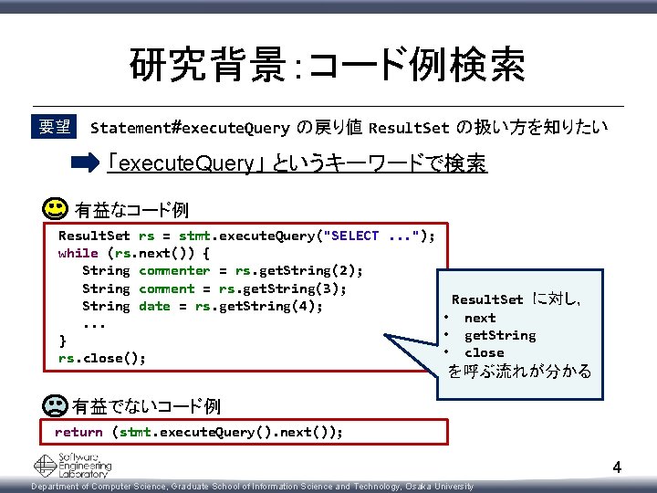 研究背景：コード例検索 要望 Statement#execute. Query の戻り値 Result. Set の扱い方を知りたい 「execute. Query」 というキーワードで検索 有益なコード例 Result. Set