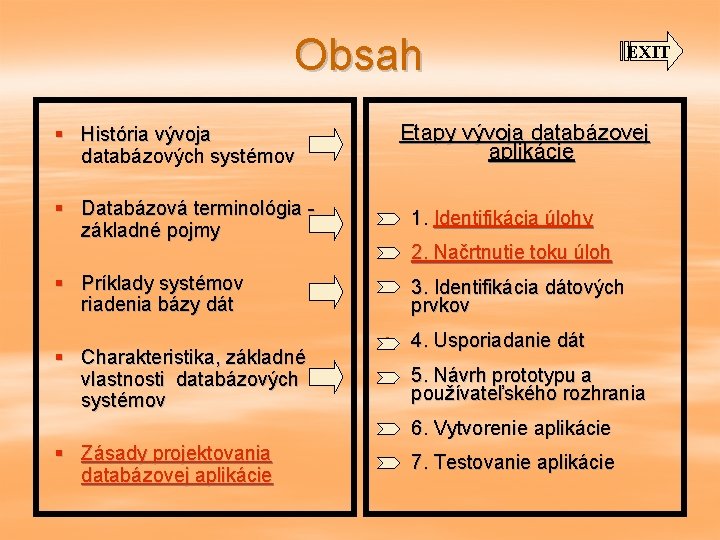 Obsah § História vývoja databázových systémov Etapy vývoja databázovej aplikácie § Databázová terminológia základné