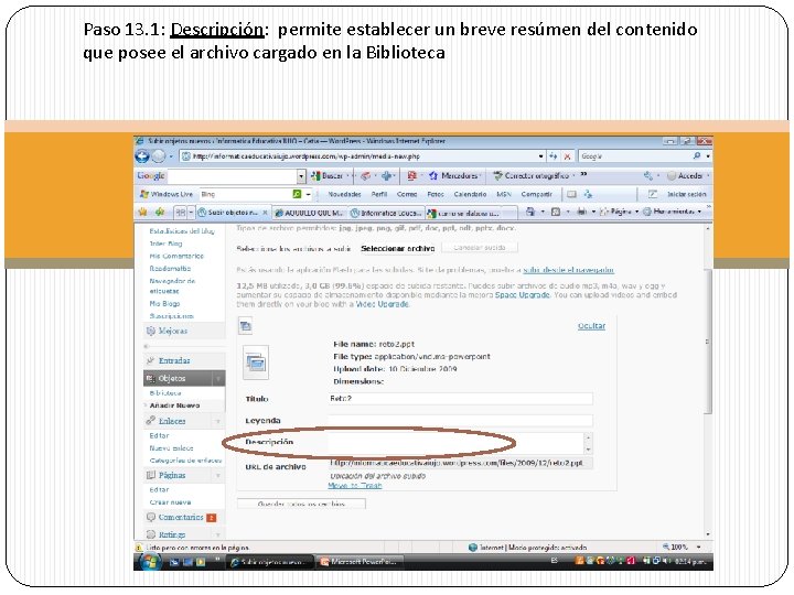 Paso 13. 1: Descripción: permite establecer un breve resúmen del contenido que posee el