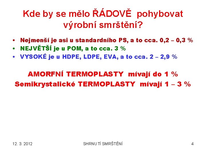 Kde by se mělo ŘÁDOVĚ pohybovat výrobní smrštění? • Nejmenší je asi u standardního