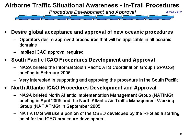 Airborne Traffic Situational Awareness - In-Trail Procedures Procedure Development and Approval ATSA - ITP