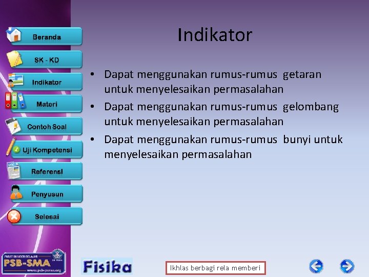 Indikator • Dapat menggunakan rumus-rumus getaran untuk menyelesaikan permasalahan • Dapat menggunakan rumus-rumus gelombang