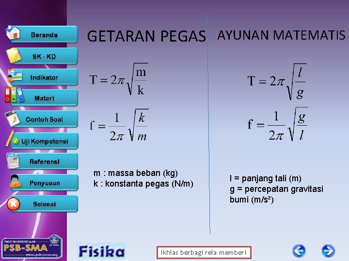 GETARAN PEGAS AYUNAN MATEMATIS m : massa beban (kg) k : konstanta pegas (N/m)