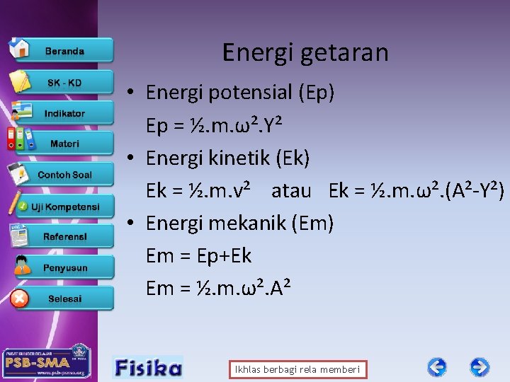 Energi getaran • Energi potensial (Ep) Ep = ½. m. ω². Y² • Energi