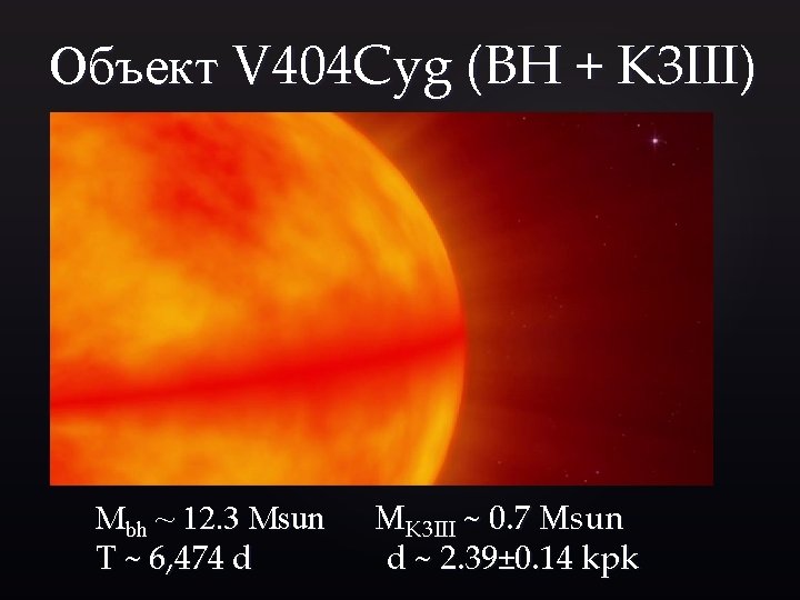 Объект V 404 Cyg (BH + K 3 III) Mbh ~ 12. 3 Msun