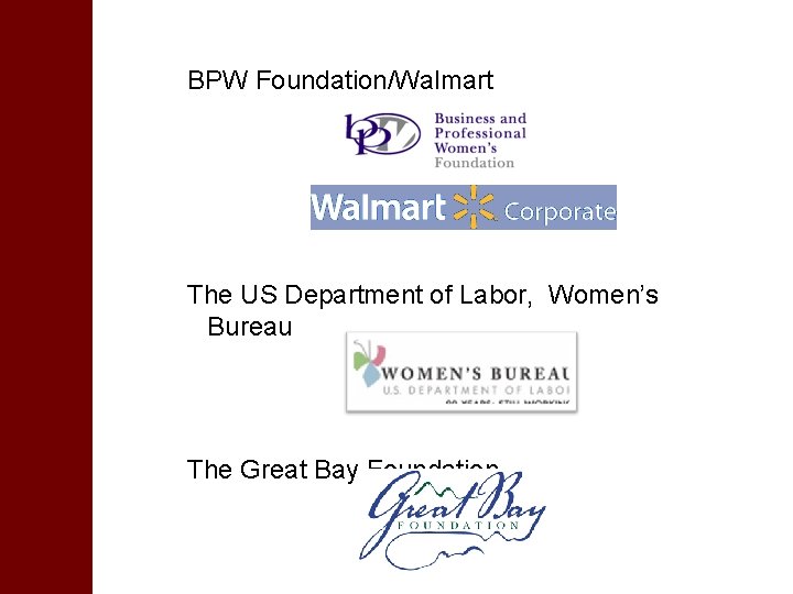 BPW Foundation/Walmart The US Department of Labor, Women’s Bureau The Great Bay Foundation 