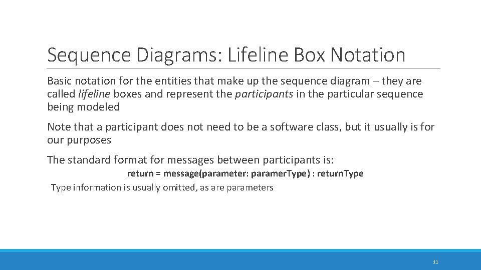 Sequence Diagrams: Lifeline Box Notation Basic notation for the entities that make up the