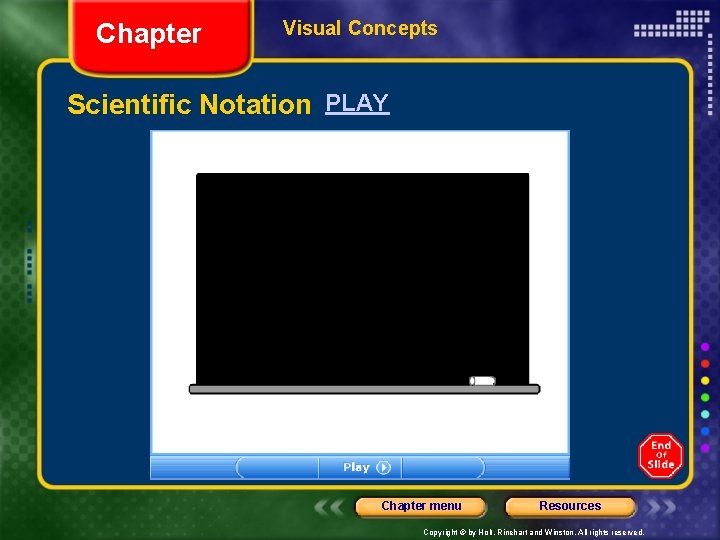 Chapter Visual Concepts Scientific Notation PLAY Chapter menu Resources Copyright © by Holt, Rinehart