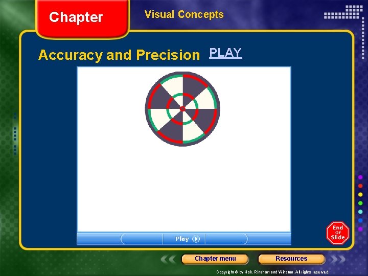 Chapter Visual Concepts Accuracy and Precision PLAY Chapter menu Resources Copyright © by Holt,