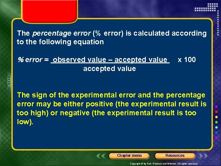 The percentage error (% error) is calculated according to the following equation error =