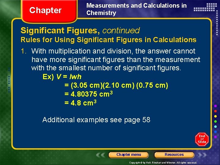 Chapter Measurements and Calculations in Chemistry Significant Figures, continued Rules for Using Significant Figures