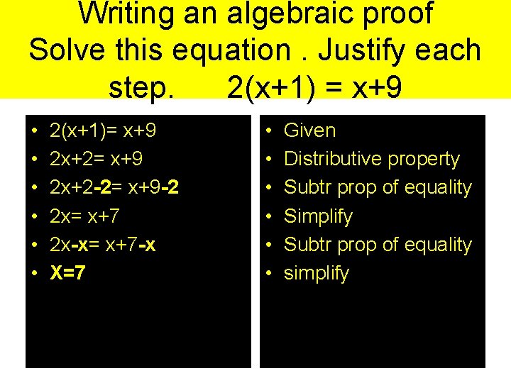 Writing an algebraic proof Solve this equation. Justify each step. 2(x+1) = x+9 •