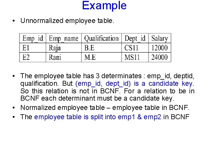 Example • Unnormalized employee table. • The employee table has 3 determinates : emp_id,