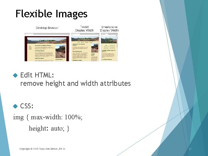 Flexible Images Edit HTML: remove height and width attributes CSS: img { max-width: 100%; Flexible Images Edit HTML: remove height and width attributes CSS: img { max-width: 100%;
