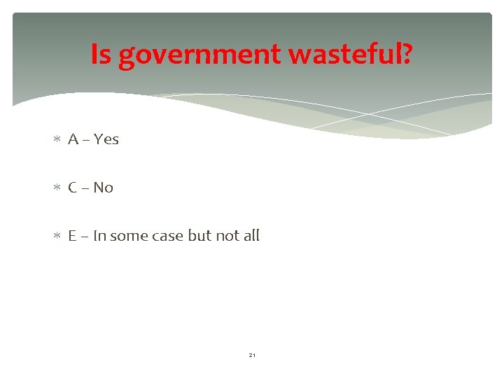 Is government wasteful? A – Yes C – No E – In some case