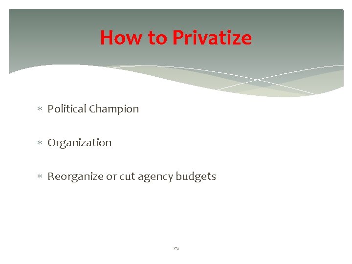 How to Privatize Political Champion Organization Reorganize or cut agency budgets 25 