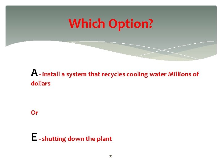 Which Option? A - install a system that recycles cooling water Millions of dollars