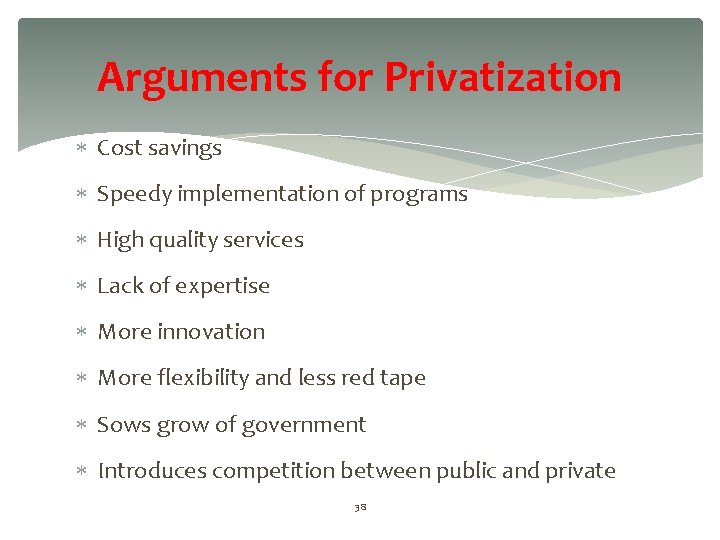 Arguments for Privatization Cost savings Speedy implementation of programs High quality services Lack of