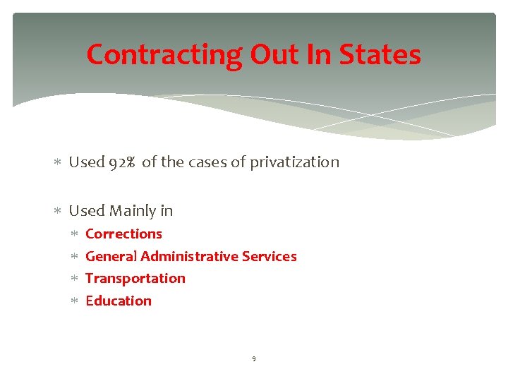 Contracting Out In States Used 92% of the cases of privatization Used Mainly in