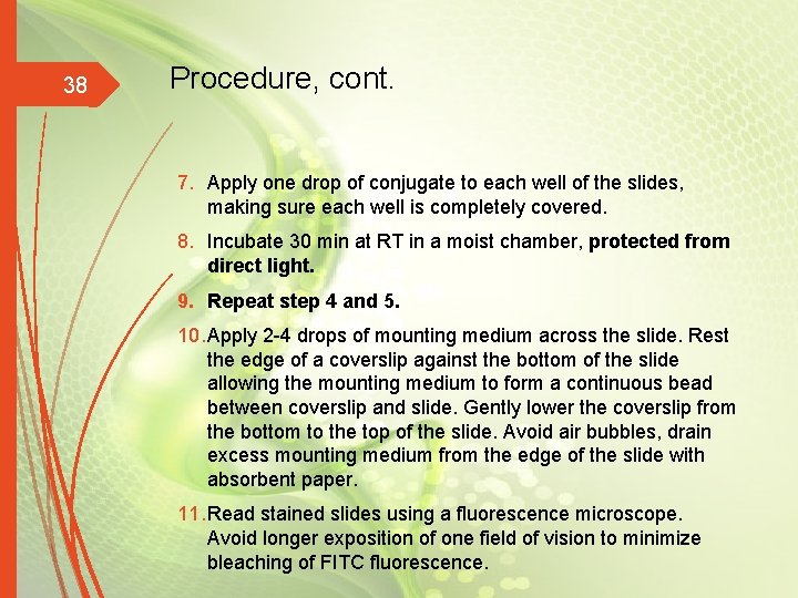 38 Procedure, cont. 7. Apply one drop of conjugate to each well of the