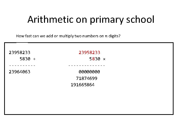 Arithmetic on primary school 0001100 23958233 5830 + -----23964063 23958233 5830 × -------0000 71874699