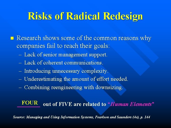 Risks of Radical Redesign n Research shows some of the common reasons why companies