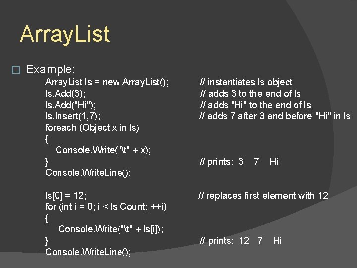 Array. List � Example: Array. List ls = new Array. List(); ls. Add(3); ls. Array. List � Example: Array. List ls = new Array. List(); ls. Add(3); ls.