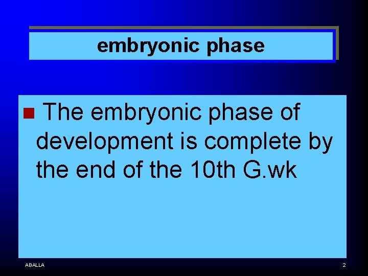 embryonic phase n The embryonic phase of development is complete by the end of