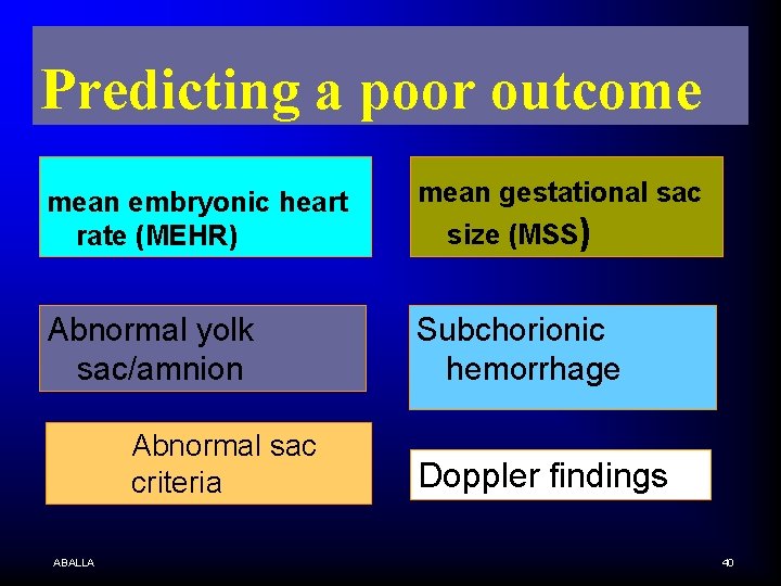 Predicting a poor outcome mean embryonic heart rate (MEHR) mean gestational sac size (MSS)