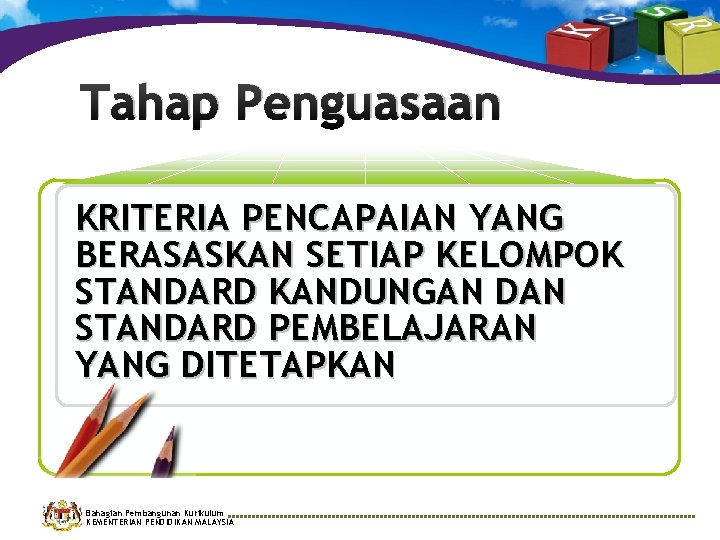 Tahap Penguasaan KRITERIA PENCAPAIAN YANG BERASASKAN SETIAP KELOMPOK STANDARD KANDUNGAN DAN STANDARD PEMBELAJARAN YANG