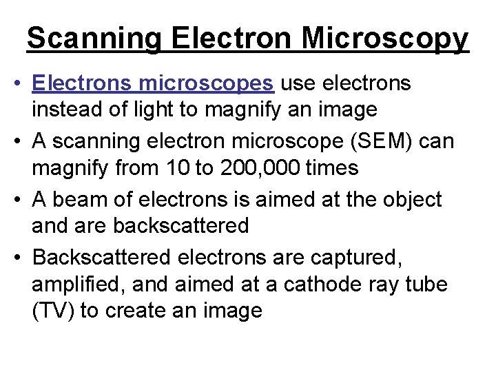 Scanning Electron Microscopy • Electrons microscopes use electrons instead of light to magnify an