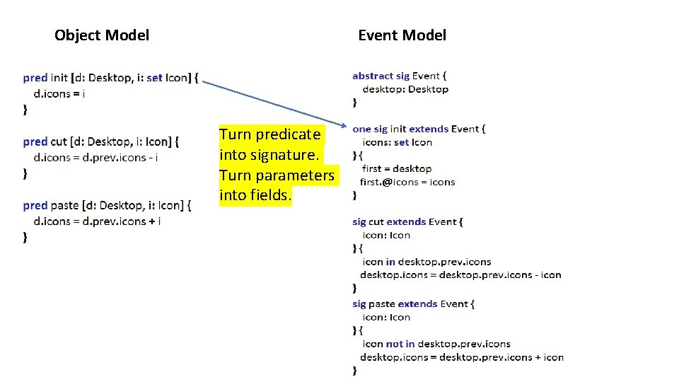 Object Model Event Model Turn predicate into signature. Turn parameters into fields. 