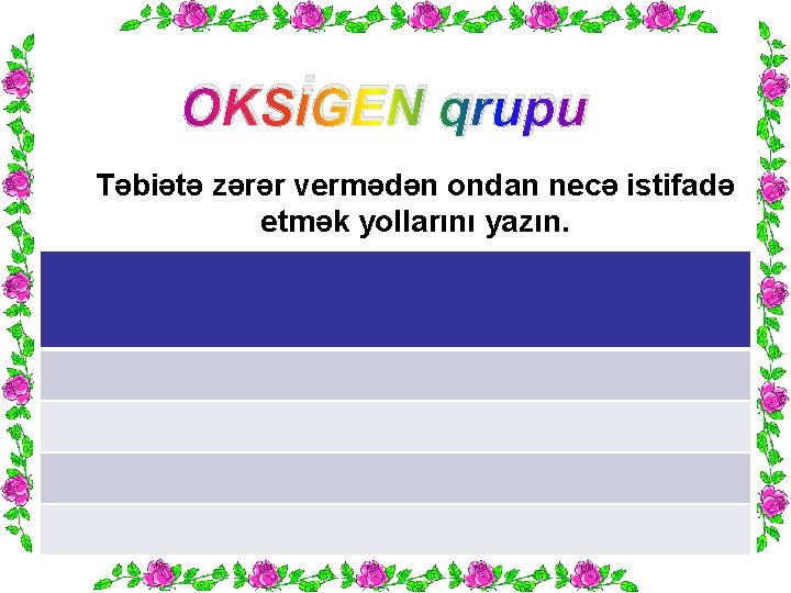 OKSİGEN qrupu Təbiətə zərər vermədən ondan necə istifadə etmək yollarını yazın. 