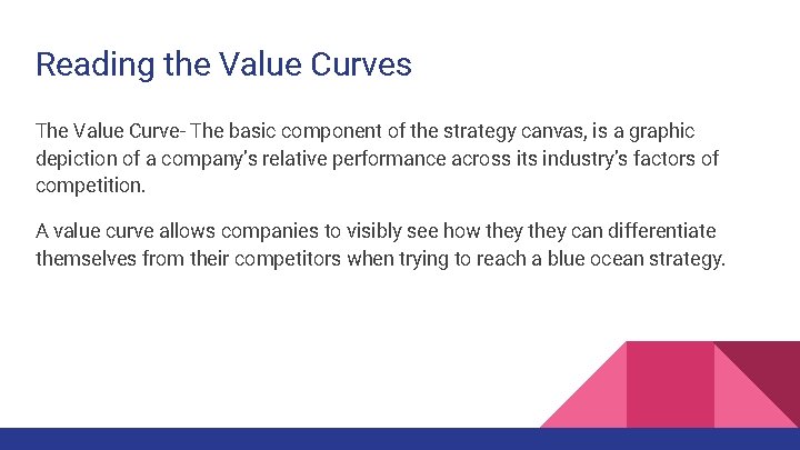 Reading the Value Curves The Value Curve- The basic component of the strategy canvas,