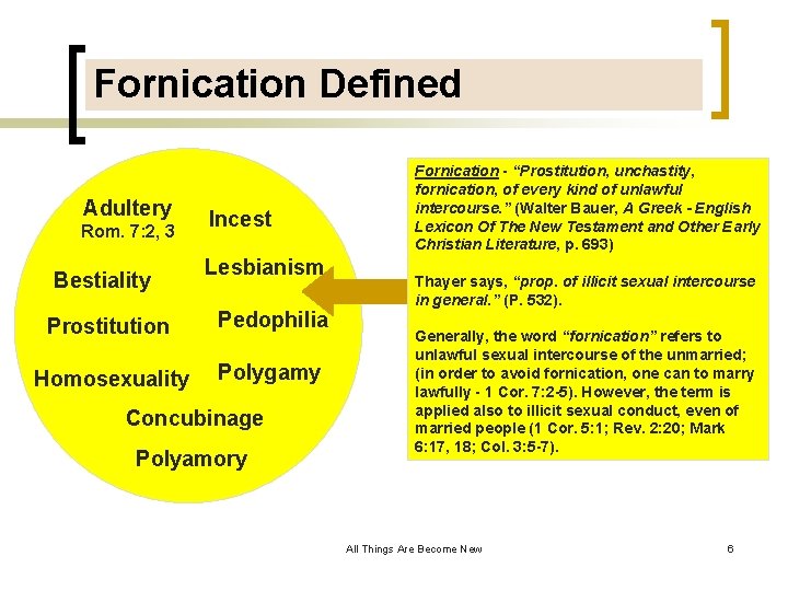Fornication Defined Adultery Rom. 7: 2, 3 Bestiality Incest Lesbianism Prostitution Pedophilia Homosexuality Polygamy