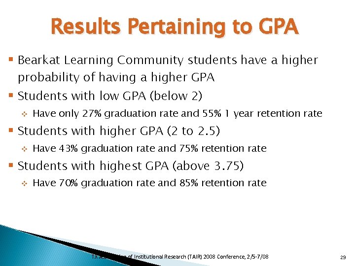 Results Pertaining to GPA § Bearkat Learning Community students have a higher probability of