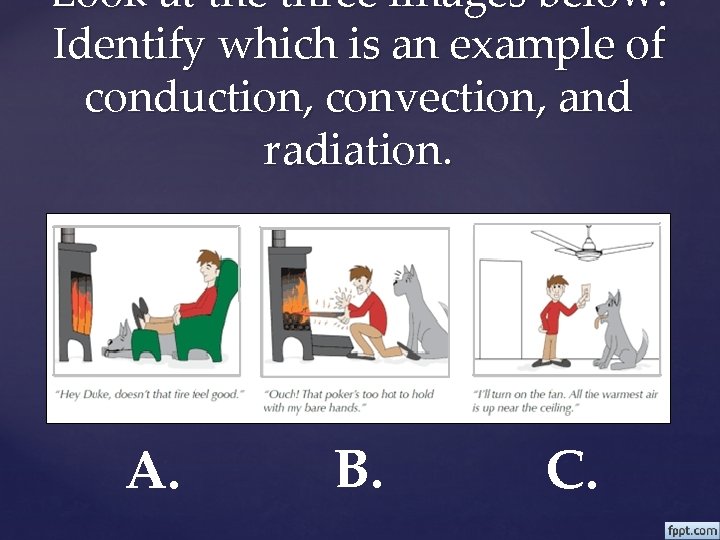 Look at the three images below. Identify which is an example of conduction, convection,