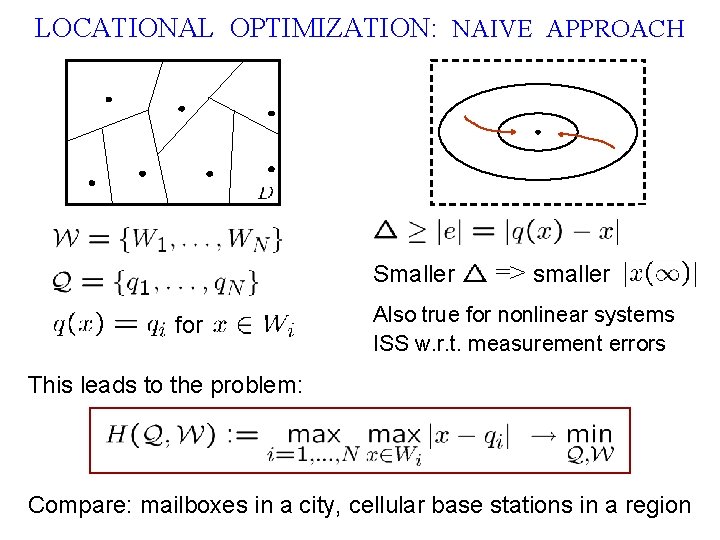 LOCATIONAL OPTIMIZATION: NAIVE APPROACH Smaller for => smaller Also true for nonlinear systems ISS