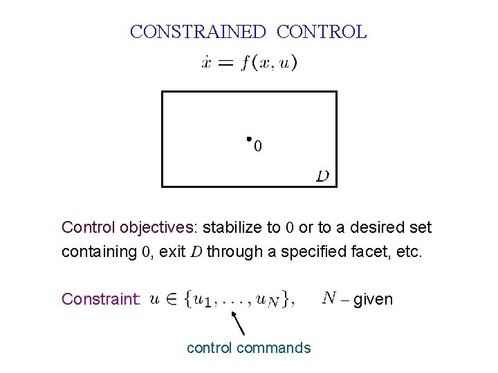 CONSTRAINED CONTROL 0 Control objectives: stabilize to 0 or to a desired set containing