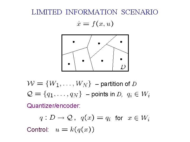 LIMITED INFORMATION SCENARIO – partition of D – points in D, Quantizer/encoder: for Control: