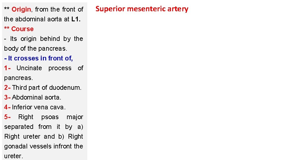 ** Origin, from the front of the abdominal aorta at L 1. ** Course