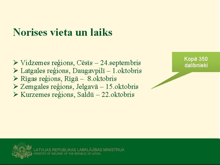 Norises vieta un laiks Ø Vidzemes reģions, Cēsīs – 24. septembris Ø Latgales reģions,