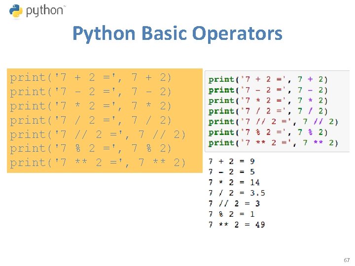 Python Basic Operators print('7 print('7 + 2 =', 7 + 2) - 2 =',