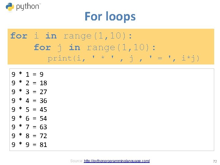 For loops for i in range(1, 10): for j in range(1, 10): print(i, '