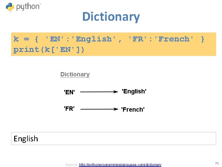 Dictionary k = { 'EN': 'English', 'FR': 'French' } print(k['EN']) English Source: http: //pythonprogramminglanguage.