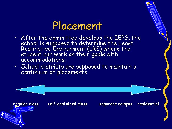 Placement • After the committee develops the IEPS, the school is supposed to determine